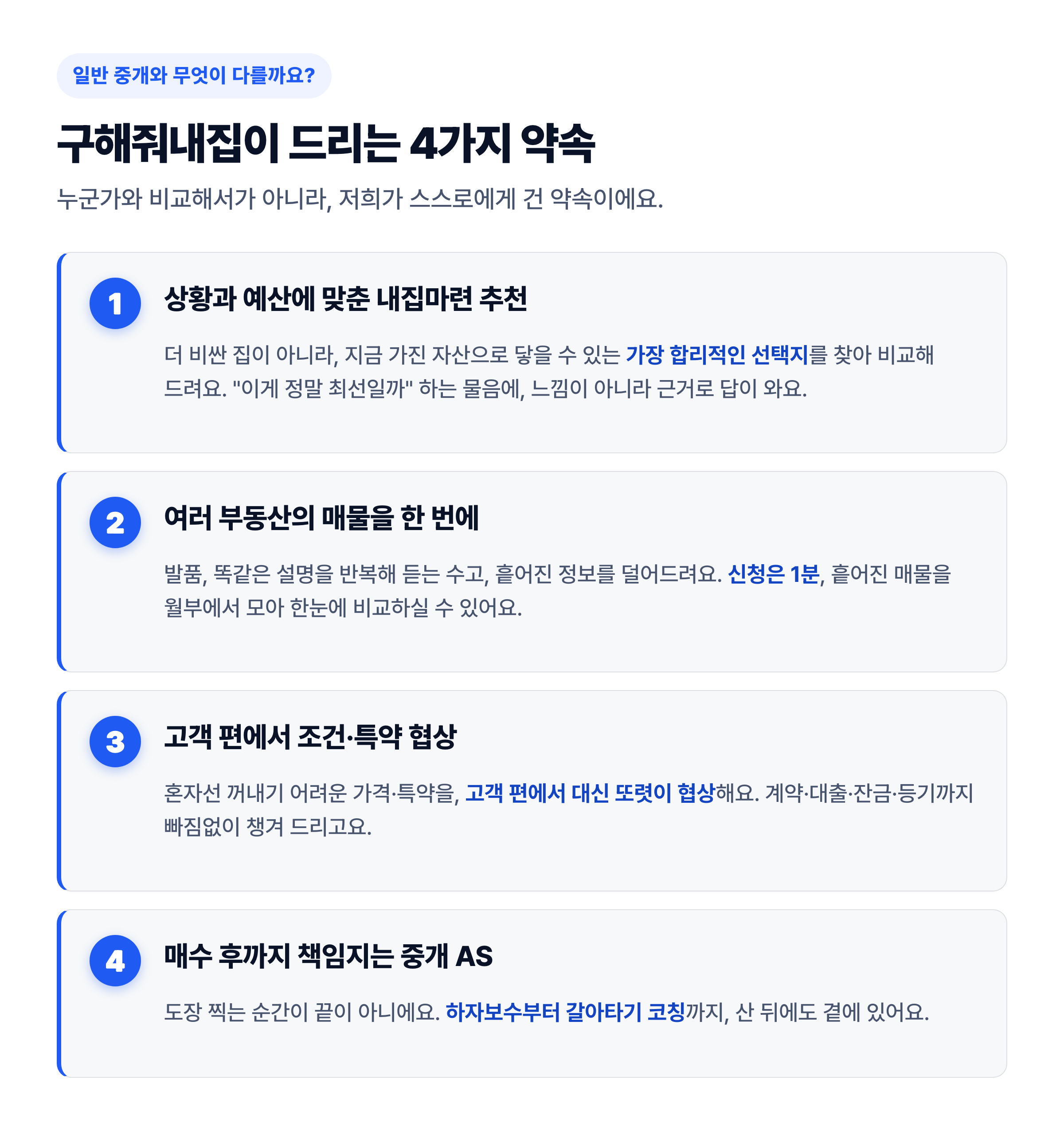 구해줘내집이 드리는 4가지 약속 — 맞춤 추천·매물 비교·조건 협상·매수 후 AS