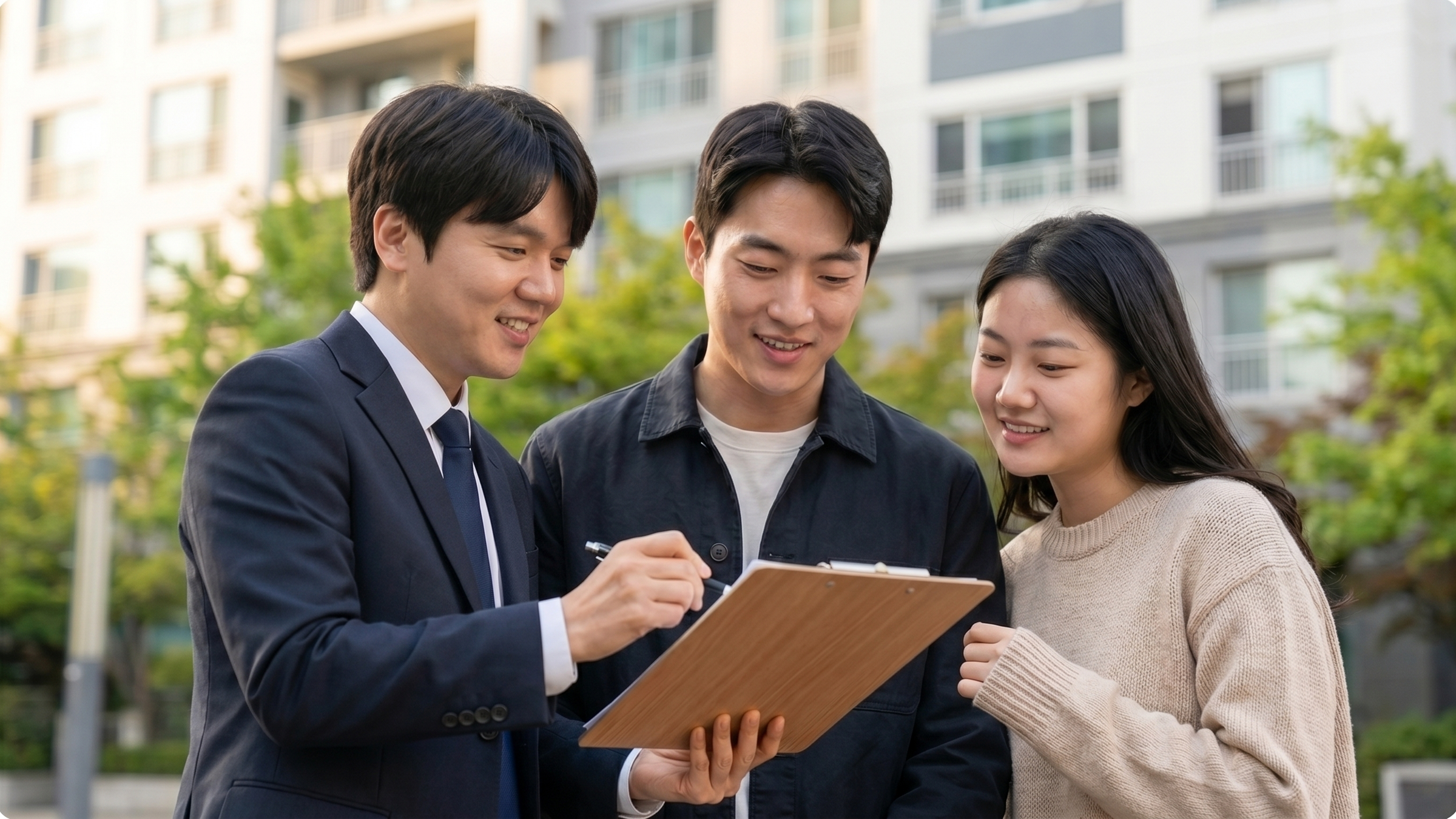 신혼부부와 구해줘내집 공인중개사가 아파트 단지 앞에서 체크리스트를 함께 보며 매물을 확인하는 동행 임장 장면 — 생애최초 내집마련 동행을 담은 사진