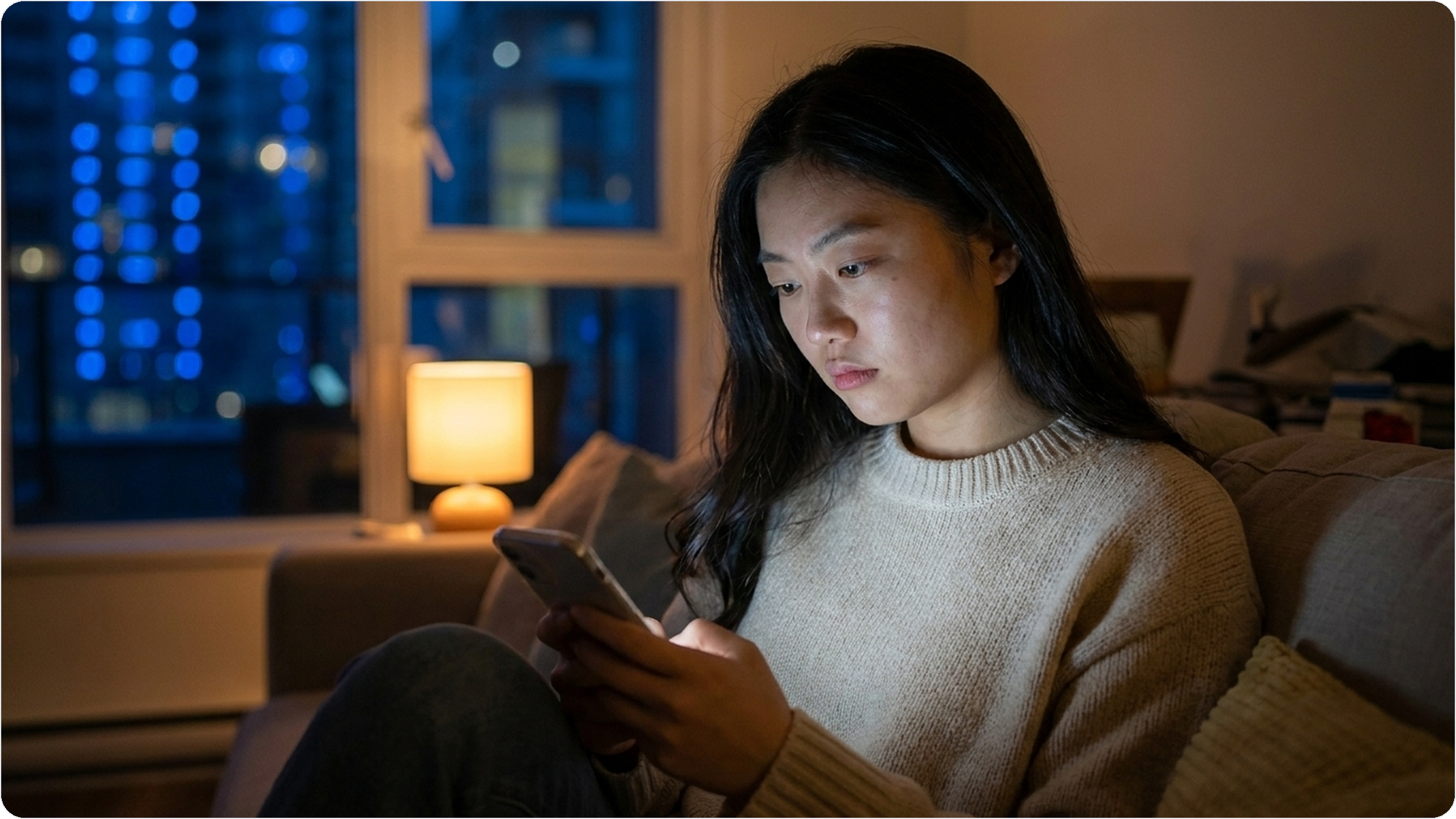 늦은 밤 거실 소파에서 혼자 휴대폰으로 부동산 매물을 들여다보는 신혼부부 — 혼자 임장하던 생애최초 내집마련의 막막함을 담은 사진