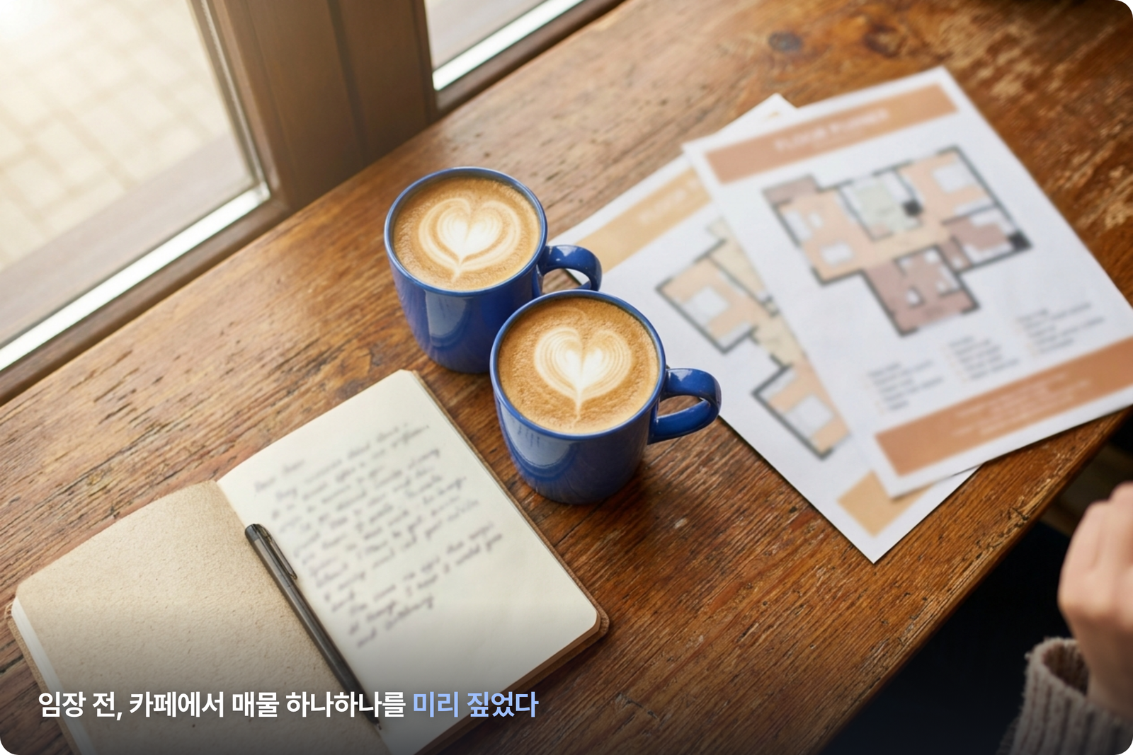임장 전 카페 테이블에 펼쳐진 매물 요약 메모와 단지 자료, 커피 두 잔 — 부동산 임장 준비 장면