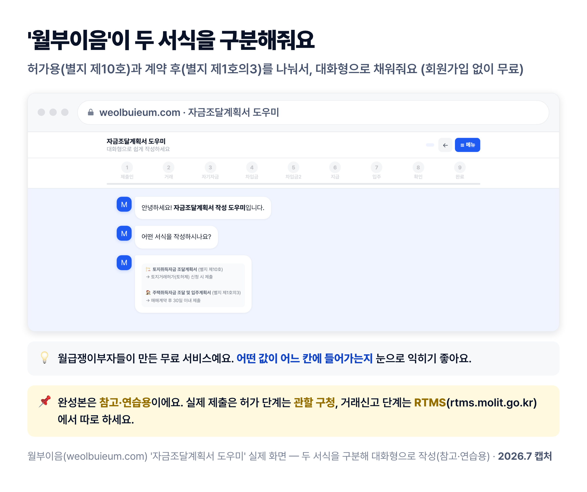 월부이음 자금조달계획서 도우미 화면 — 토지취득자금 조달계획서(별지 제10호)와 주택취득자금 조달 및 입주계획서(별지 제1호의3) 두 서식을 구분해 대화형으로 작성